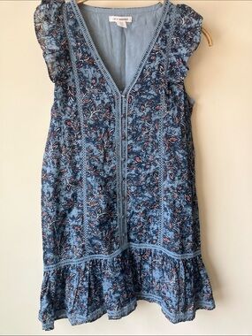 LUCKY BRAND Blue Floral Lace Trim Ruffle Shoulder Flounce Mini Dress Size M GUC